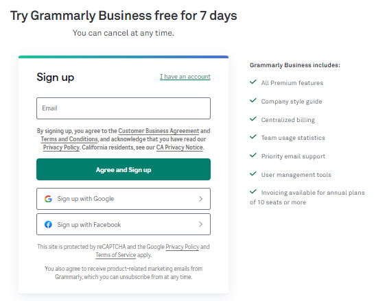 Grammarly Free Trial Sign Up